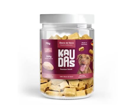 Embalagem de snacks liofilizados de úbere de vaca Kaudas para cão.