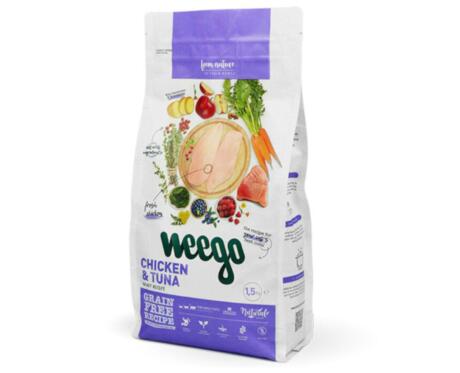 Saco de Weego Cat Food Chicken & Tuna, ração sem cereais para gatos adultos.